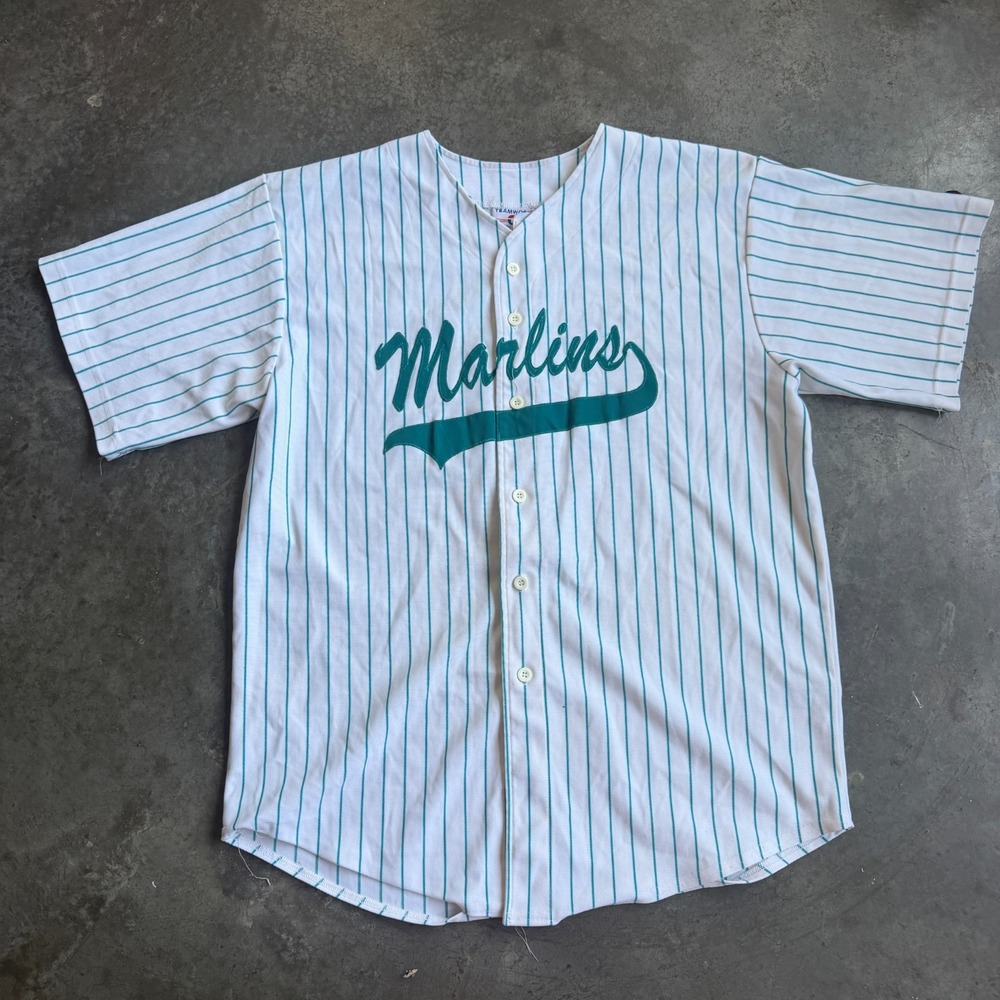 Vintage 90s Florida Marlins Pinstripe Jersey Baseball MLB White Blue Men 2XL USA